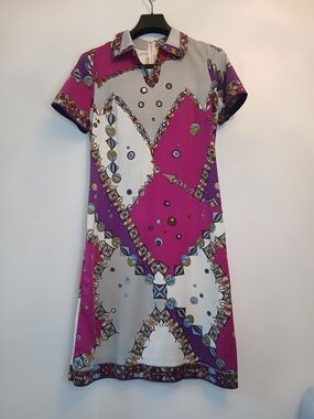 Vintage Italian Pucci Style Purple, Pink & Cream Printed Polo Dress